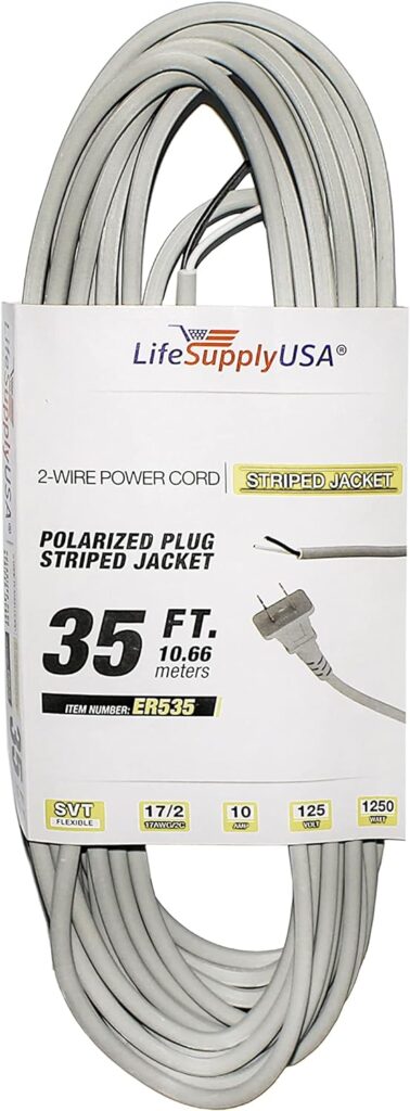 35ft Upright Vacuum Electric Power Supply Cord with Open End Striped Wire - 17/2 Gauge 12 Amp - Gray by LifeSupplyUSA