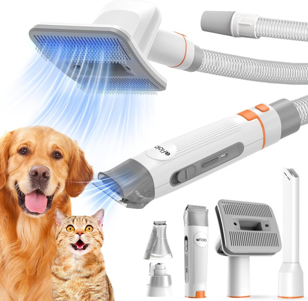 Afloia Pet Grooming Vacuum Attachments, Dog Hair Vacuum Groomer, 5 in 1 Dog Grooming Kit with Clippers Nail Grinder Shedding Brush, Fit for Vacuum Cleaners Like Dyson, Shark, Bissell, Eureka, etc