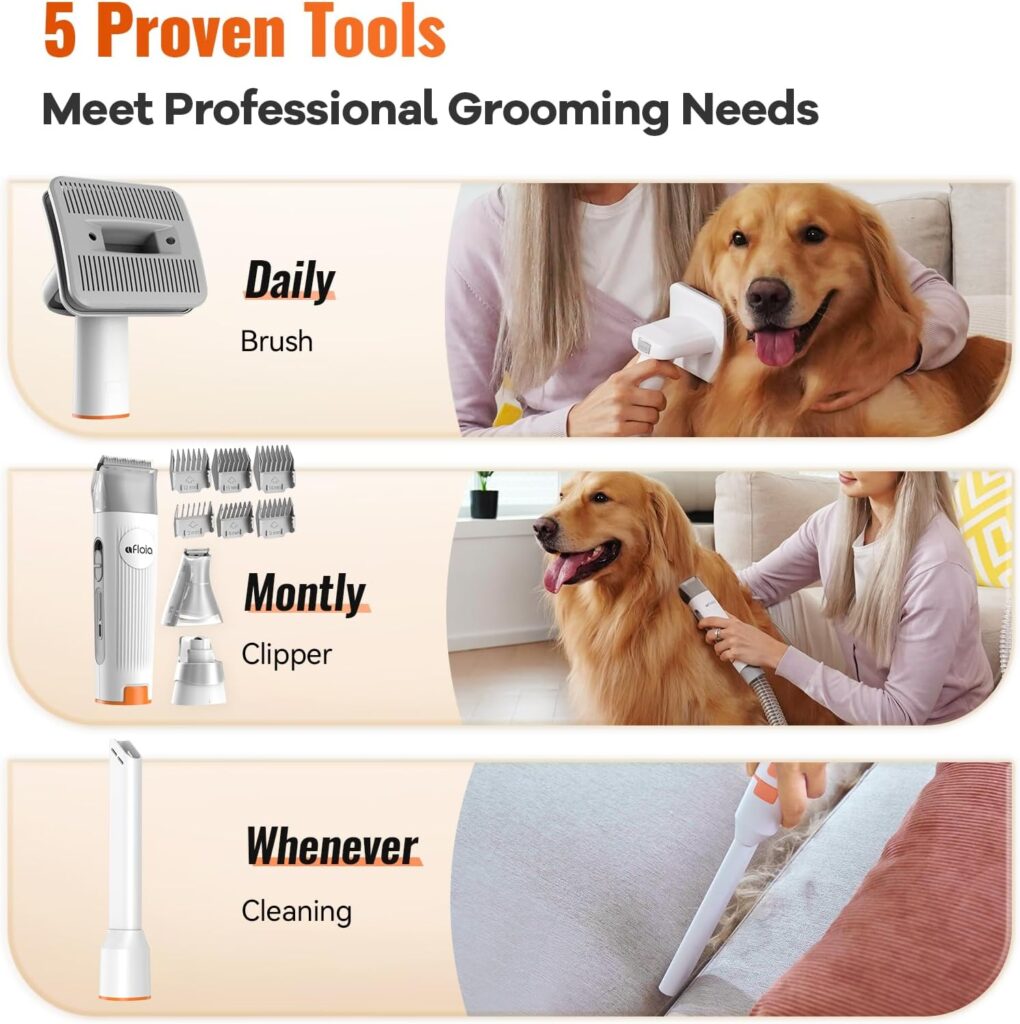 Afloia Pet Grooming Vacuum Attachments, Dog Hair Vacuum Groomer, 5 in 1 Dog Grooming Kit with Clippers Nail Grinder Shedding Brush, Fit for Vacuum Cleaners Like Dyson, Shark, Bissell, Eureka, etc