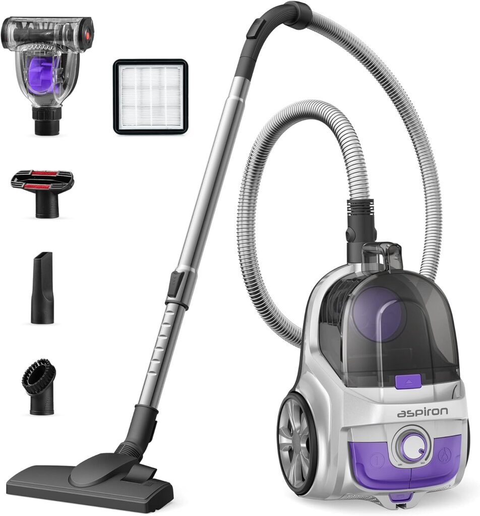 Aspiron Upgraded Canister Vacuum Cleaner, 1200W Bagless Vacuum Cleaner, 3.7Qt Large Capacity, Auto Cord Rewind, Double HEPA Filter, 5 Tools for Hard Floors, Carpet, Pet, Upholstery, Tiles, Car, Silver