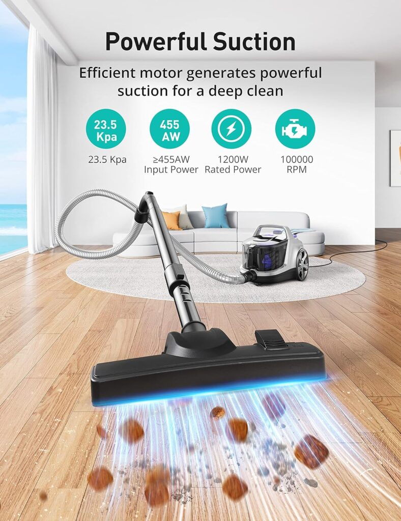 Aspiron Upgraded Canister Vacuum Cleaner, 1200W Bagless Vacuum Cleaner, 3.7Qt Large Capacity, Auto Cord Rewind, Double HEPA Filter, 5 Tools for Hard Floors, Carpet, Pet, Upholstery, Tiles, Car, Silver