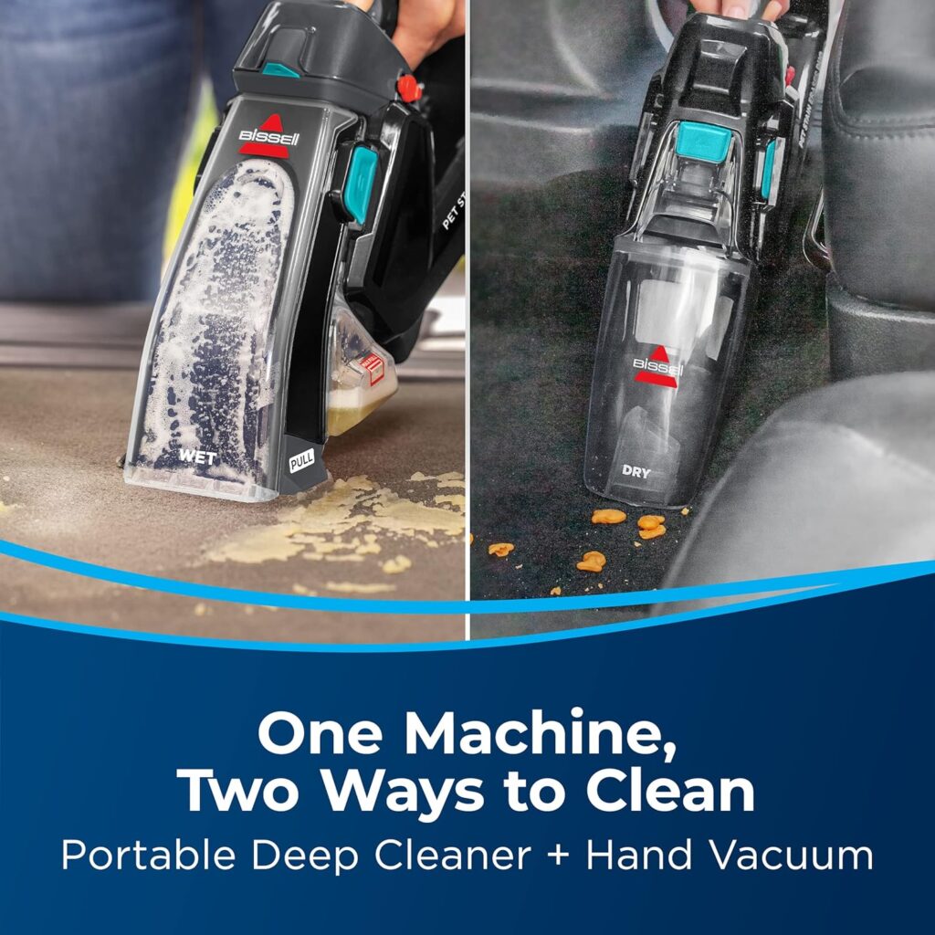 BISSELL Stain Eraser Duo, 2-in-1 Cordless Portable Deep Cleaner and Hand Vacuum with PET PRO OXY Spot  Stain Formula, 3705, Black, Large