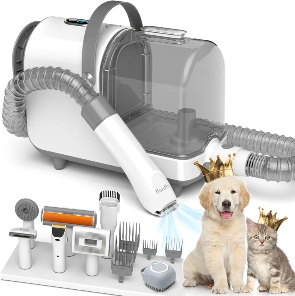 Bunfly Dog Grooming Kit ,13000Pa Strong Grooming  Vacuum Suction 99.99% Pet Hair, 7 Pet Grooming Tools for Dogs Cats, 3L Large Capacity Dust Cup, Quiet Pet Vacuum Groomer (Silver  White)