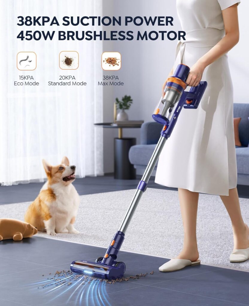 BuTure Cordless Vacuum Cleaner, 450W 38Kpa Stick Vacuum with Brushless Motor 55 Mins Runtime Vacuum Cleaner for Home Pet Hair Carpet and Hard Floor