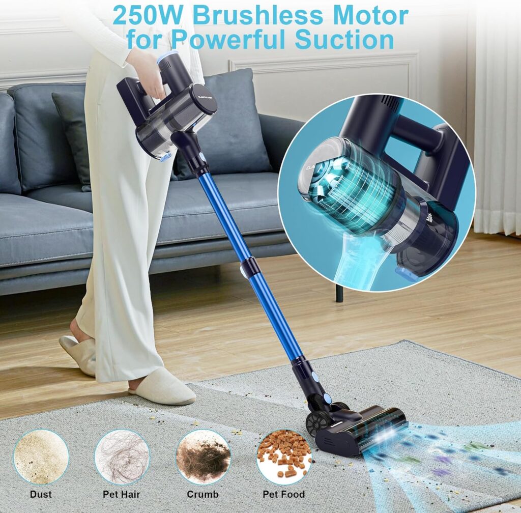 Claesydorn Cordless Vacuum Cleaner, 250W Powerful 6-in-1 Stick Vacuum Cleaner Up to 45mins Runtime with 2000mAh Battery, Rechargeable Handheld Vacuum Cleaner for Home Hard Floor Pet Hair Home Car