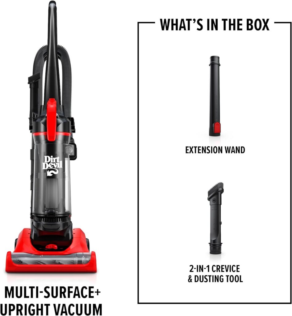 Dirt Devil Multi-Surface Extended Reach+ Bagless Vacuum Cleaner, Upright for Carpet and Hard Floor, Lightweight, UD76300V, Red