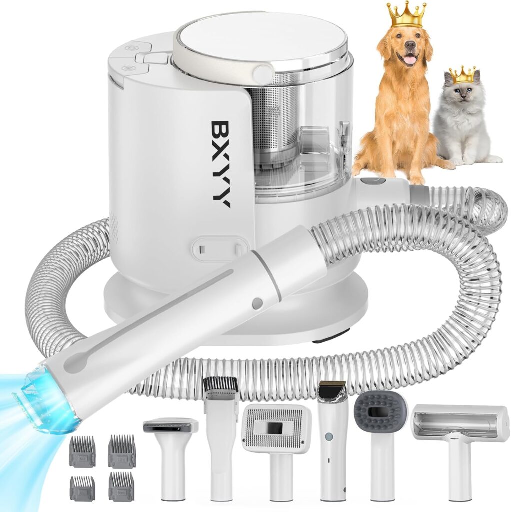 Dog Grooming Kit  Vacuum Suction 99.99% Pet Hair, Dog Grooming Clippers with 6 Pet Grooming Tools for Shedding Pet Hair,1.5L Dust Cup dog grooming vacuum for shedding,Dogs Cats Home Cleaning,White