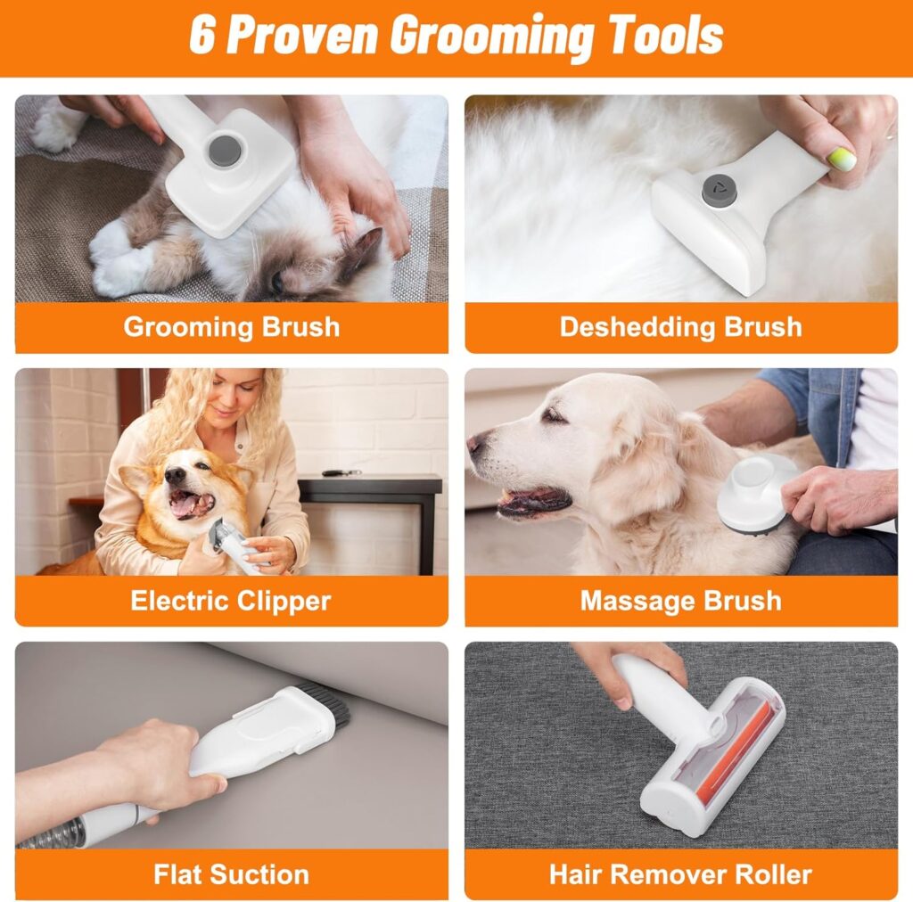 Dog Grooming Kit  Vacuum Suction 99.99% Pet Hair, Dog Grooming Clippers with 6 Pet Grooming Tools for Shedding Pet Hair,1.5L Dust Cup dog grooming vacuum for shedding,Dogs Cats Home Cleaning,White