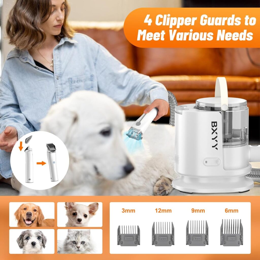 Dog Grooming Kit  Vacuum Suction 99.99% Pet Hair, Dog Grooming Clippers with 6 Pet Grooming Tools for Shedding Pet Hair,1.5L Dust Cup dog grooming vacuum for shedding,Dogs Cats Home Cleaning,White