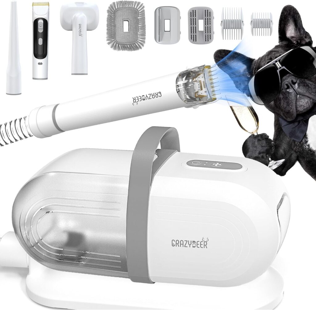 Dog Grooming Vacuum 3 Gears of Suction Gog Vacuum Brush for Shedding Grooming Pet Grooming Supplies Pet Hair Suction 99% Crazydeer 2L dog hair vacuum groomer, Low Noise/with 6 Grooming Tools