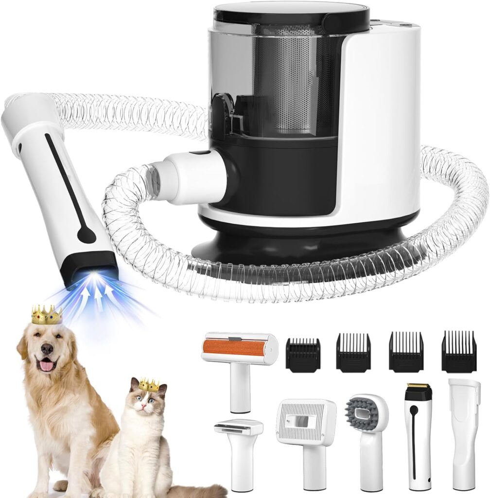 Dog Grooming Vacuum Kit for Pet Dog Cat Shedding, 6 Dog Grooming Vacuum Tools Pet Hair Grooming Clipper Trimming Brush Comb, Low Noise Vacuum Cleaner with 1.5L Capacity Dust Cup