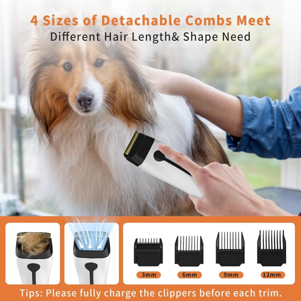 Dog Grooming Vacuum Kit for Pet Dog Cat Shedding, 6 Dog Grooming Vacuum Tools Pet Hair Grooming Clipper Trimming Brush Comb, Low Noise Vacuum Cleaner with 1.5L Capacity Dust Cup