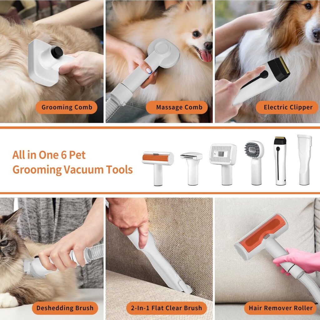 Dog Grooming Vacuum Kit for Pet Dog Cat Shedding, 6 Dog Grooming Vacuum Tools Pet Hair Grooming Clipper Trimming Brush Comb, Low Noise Vacuum Cleaner with 1.5L Capacity Dust Cup