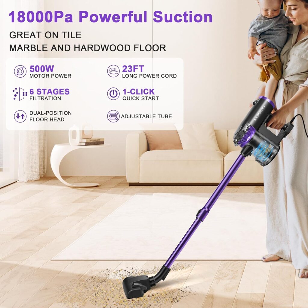 elezon Vacuum Cleaner 18KPa Powerful Suction Multi Cyclone Bagless Corded Stick Handheld Vacuum for Hardwood Floor and Tile