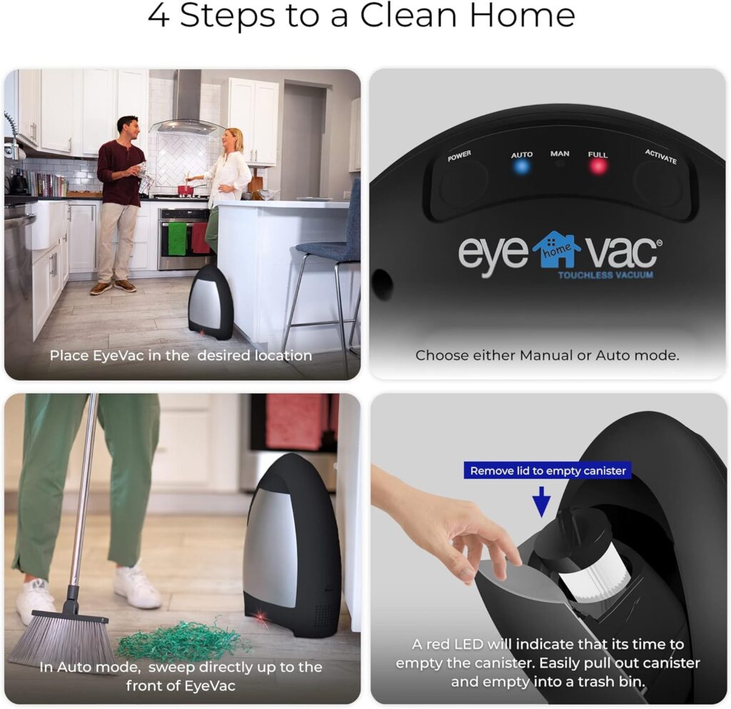 EyeVac Home Touchless Vacuum Automatic Dustpan - Great for Sweeping Salon Pet Hair Food Dirt Kitchen - Fast  Powerful, Corded Canister Vacuum, Bagless, Automatic Sensors, 1000 Watt (Matte Black)