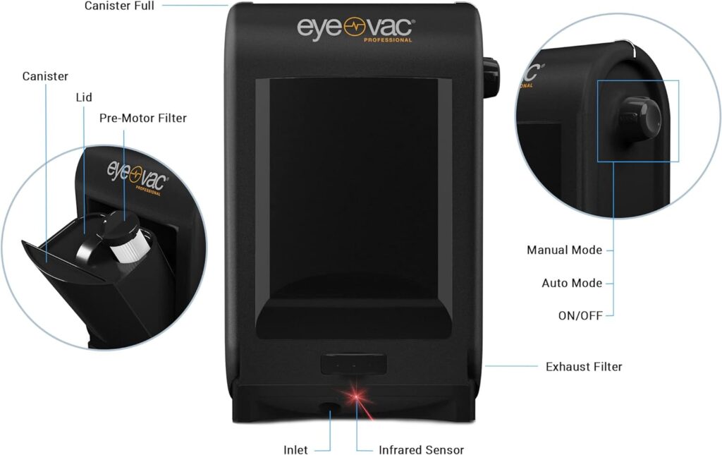 EyeVac Pro Touchless Vacuum Automatic Dustpan - Ultra Fast  Powerful - Great for Sweeping Salon Pet Hair Food Dirt Kitchen, Corded Canister Vacuum, Bagless, Automatic Sensors, 1400 Watt (Black)