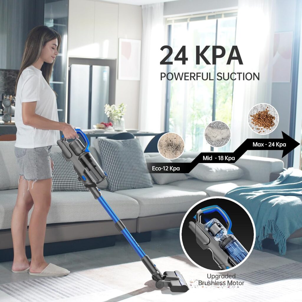 FABULETTA Cordless Vacuum Cleaner, 24kpa Powerful Suction Vacuum with Brushless Motor, 6 in 1 Lightweight Stick Vacuum with 43 Mins Runtime Detachable Battery for Hard Floor Pet Hair Carpet (Blue)