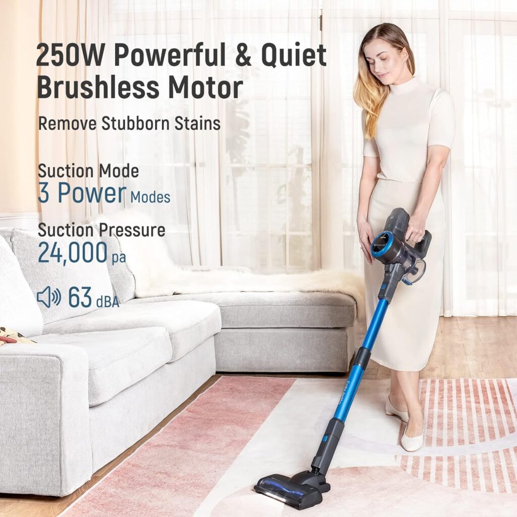 FABULETTA Cordless Vacuum Cleaner, 250W/24Kpa Powerful Suction Up to 45 Min Runtime, 6 in 1 Lightweight Stick Vacuum Cleaner with Brushless Motor, Great for Pet Hair  Hard Floor, Led Display, Blue