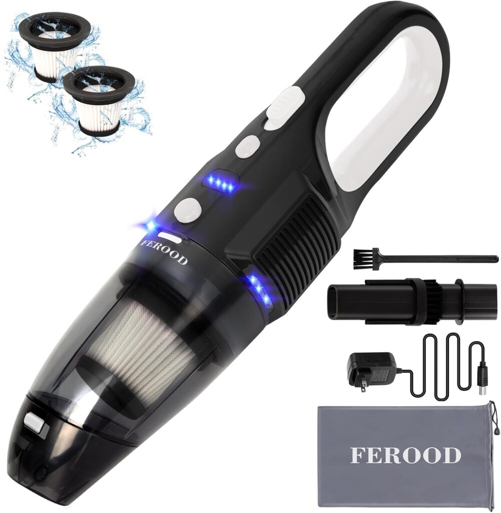 FEROOD Car Vacuum Cordless Rechargeable with 2 Filters,Handheld Vacuum Cleaner with 9000Pa Strong Suction,Mini Portable Hand Vacuum Cordless with Large-Capacity Battery,30min RuntimeDouble LED Light