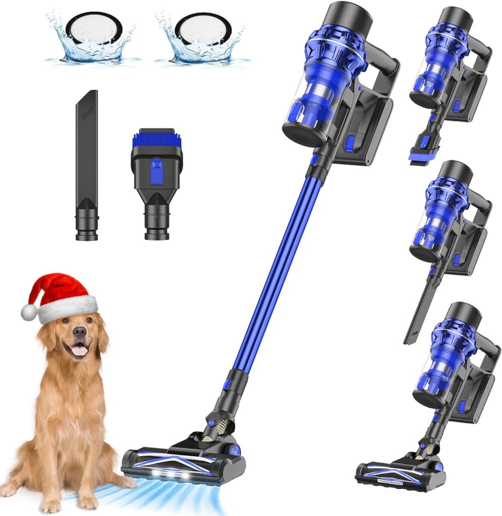 FirstLove Cordless Vacuum Cleaner - 6 in 1 Stick Vacuum for Pet Hair Carpet Hard Floor with Rechargeable Detachable Battery-Bright Blue