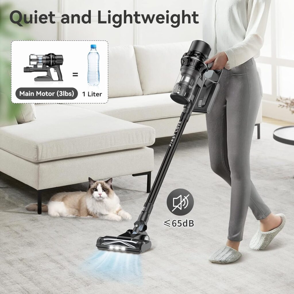 FirstLove Stick Vacuum Cleaner, Cordless Vacuum Cleaner with with Lighting Detachable Battery for Hard Floor Carpet Pet Hair - Black…