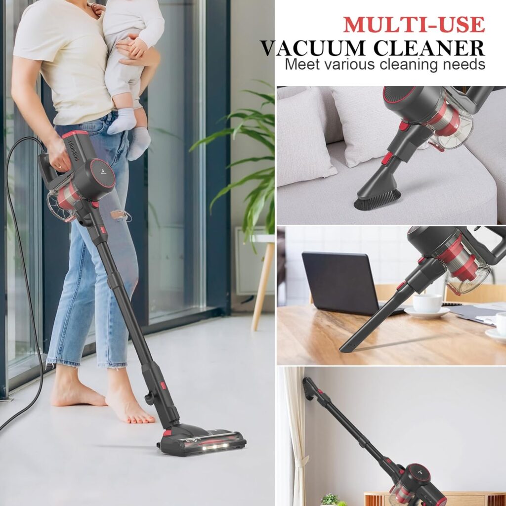 Girnoor Corded Stick Vacuum Cleaner, Powerful 600W 20Kpa Stick Vacuum with LED Floor Brush 6-in-1 Self-StandingMulti-Tool, Lightweight Handheld Vacuum for Hardwood Floor Carpet Pet Hair G160