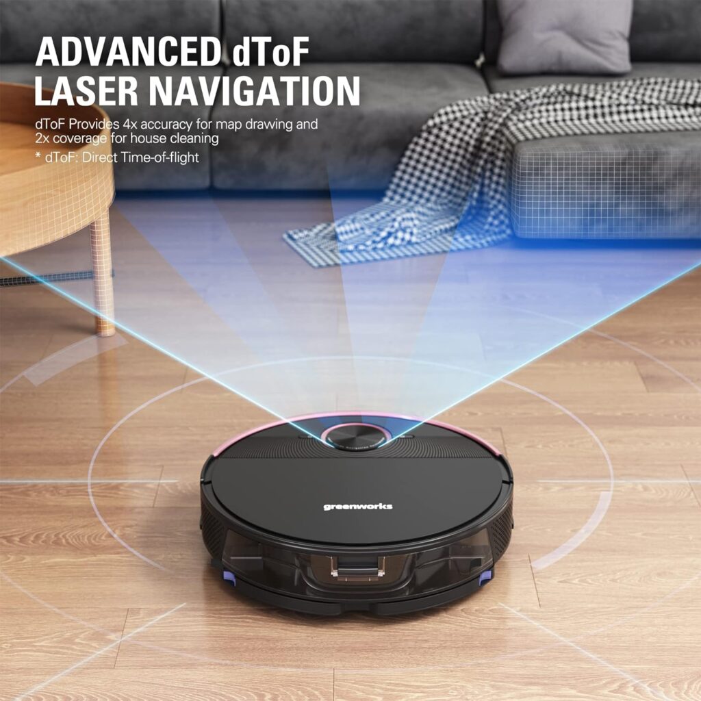 Greenworks GRV-5011 Robot Vacuum Cleaner with DToF Laser Navigation Technology, 3.3IN Thin Body, Vacuum and MOP 2 in 1, Auto Sweeper for Pet Hair, Hard Floor, Carpet