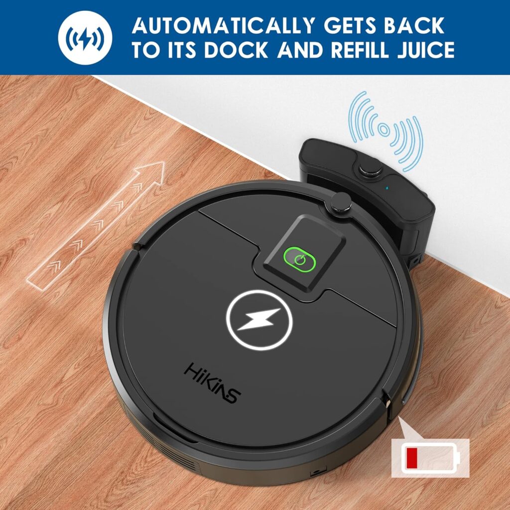 HiKiNS Robot Vacuum Cleaner - Automatic Self-Charging Robotic Vacuum, Strong Suction, Ideal for Hard Floors  Carpet, Tangle-Free, Quiet Operation, Ultra Slim - Perfect for Pet Hair