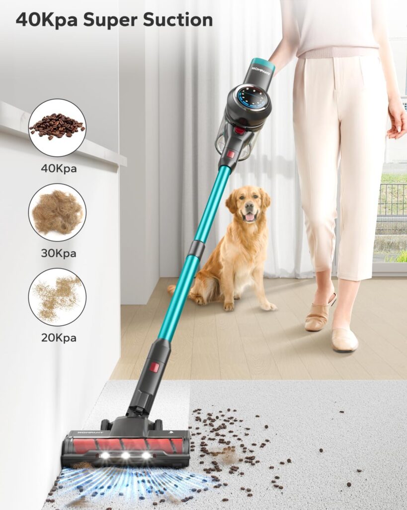 HOMPANY Cordless Vacuum Cleaner, 500W/40Kpa Stick Vacuum with Self-Standing, Max 60 Mins Runtime, Vacuum Cleaner for Home with LED Screen, Upgraded Floor Brush for Carpet/Pet Hair/Hardwood Floor