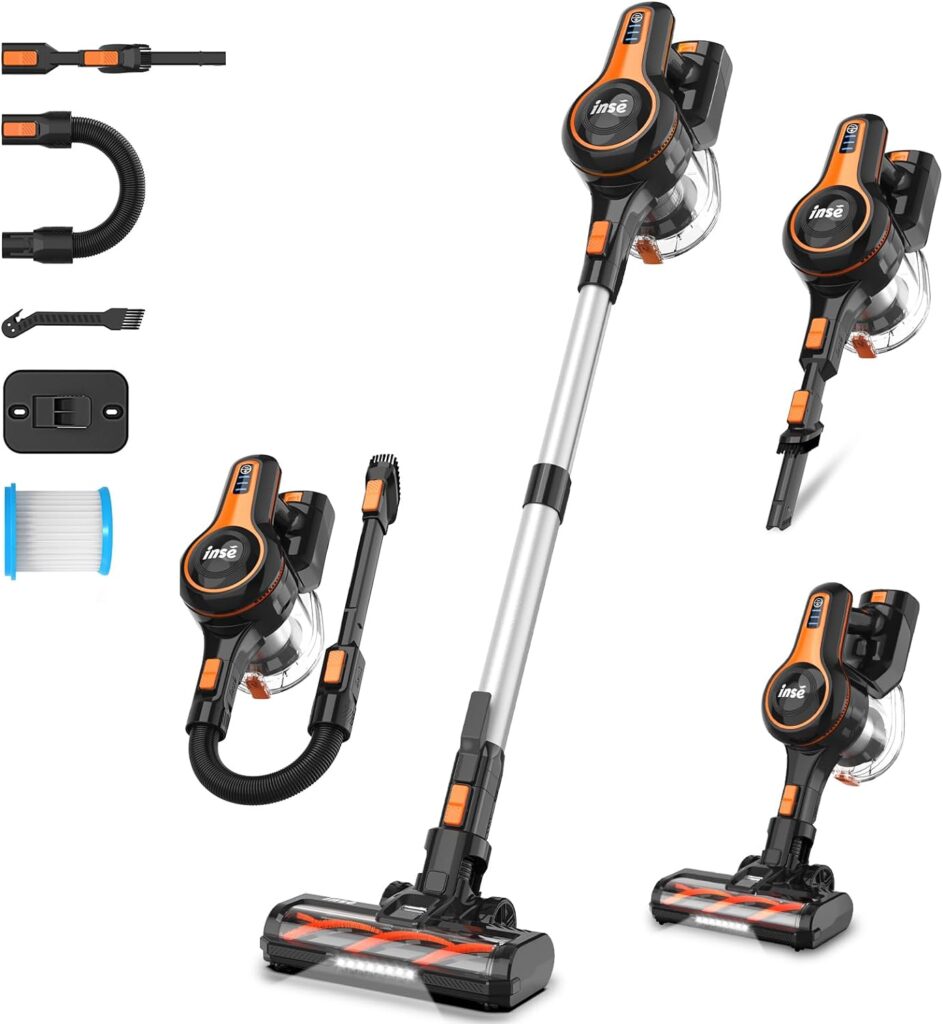 INSE 28Kpa Cordless Vacuum Cleaner, 8-in-1 Lightweight Cordless Stick Vacuum, 300W Rechargeable Vacuum with 2500m-Ah Battery, 45min Runtime Powerful Stick Vacuum for Pet Hair Hard Floor Carpet-Orange