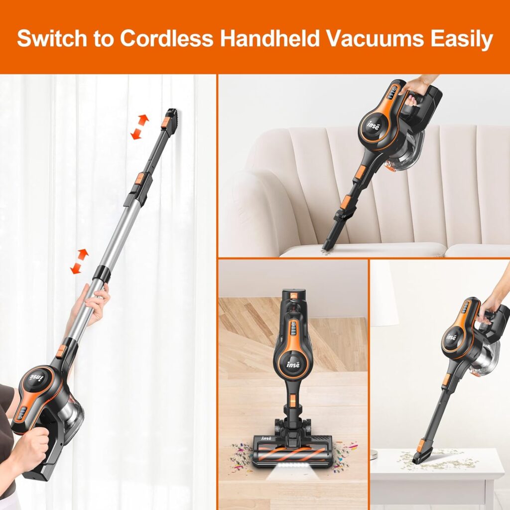 INSE 28Kpa Cordless Vacuum Cleaner, 8-in-1 Lightweight Cordless Stick Vacuum, 300W Rechargeable Vacuum with 2500m-Ah Battery, 45min Runtime Powerful Stick Vacuum for Pet Hair Hard Floor Carpet-Orange