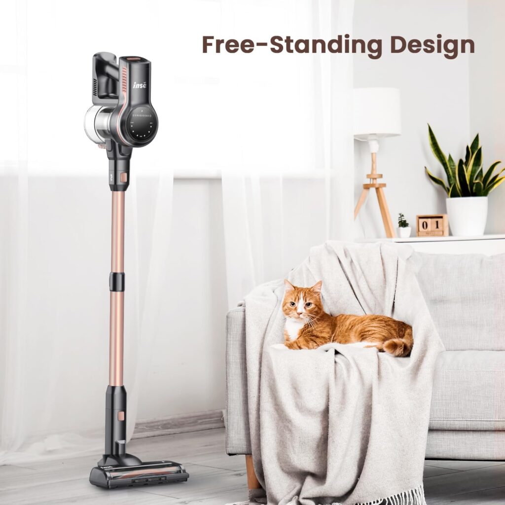 INSE Cordless Vacuum Cleaner, 26Kpa Stick Vacuum with Strong Brushless Motor, 6 in 1 Lightweight Stick Cleaner 45 Min Runtime Detachable Battery for Hardfloor Carpet Pet Hair, Rose Gold