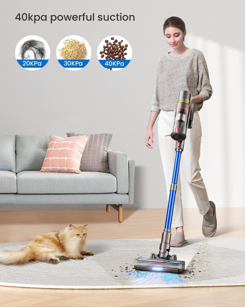 JASTIP Cordless Vacuum Cleaner, 40Kpa/500W High Suction Cordless Stick Vacuum, Up to 60 Mins Runtime, LED Touch Screen Vacuum Cleaner for Home, Lightweight Stick Vacuum for Pet Hair/Carpet