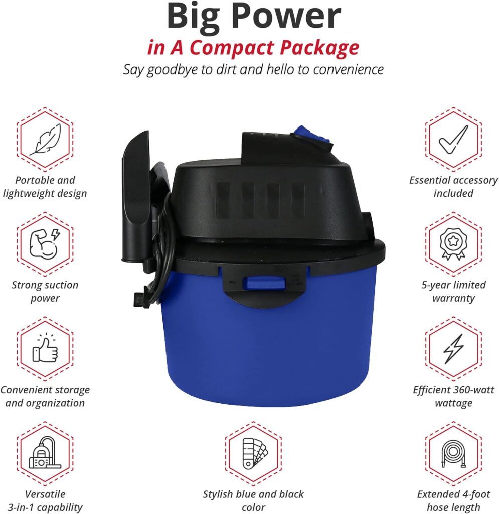 Koblenz WD-2L Portable Wet-Dry Vacuum, 2.0 Gallon/2.0HP Compact Lightweight, Blue+Black 5 Year Warranty