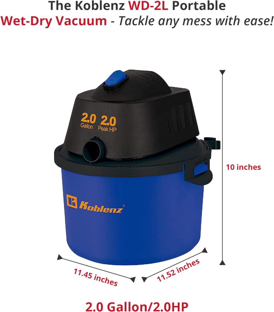 Koblenz WD-2L Portable Wet-Dry Vacuum, 2.0 Gallon/2.0HP Compact Lightweight, Blue+Black 5 Year Warranty