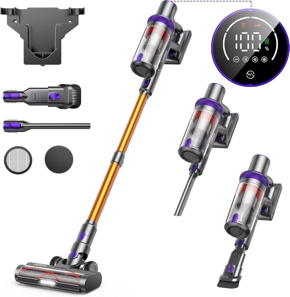 Laresar Cordless Vacuum Cleaner, 400W/33Kpa Stick Vacuum Cleaner with Touch Screen, Up to 50 Mins Runtime, Handheld Anti-Tangle Vacuum Cleaner, Edge Cleaning, Pet Hair, Carpet and Hardwood Floor