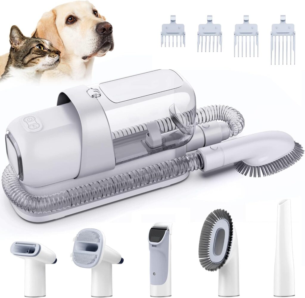 LMVVC Grooming Kit with 2.3L Vacuum Suction 99% Pet Hair, Pet Grooming Vacuum Low Noise for Grooming with 5 Tools and 4 Different Lengths Clipper Guards for Dog Cat (White)