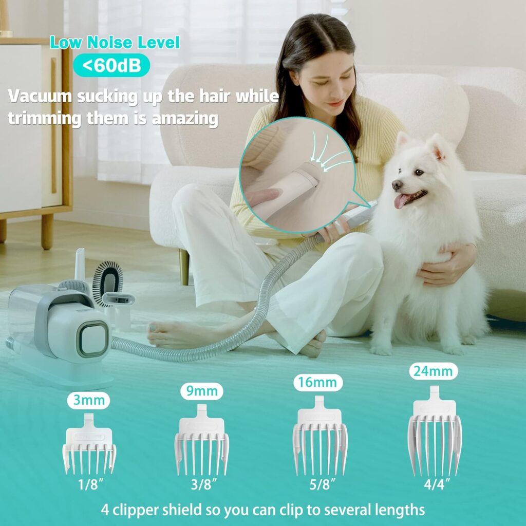 LMVVC Grooming Kit with 2.3L Vacuum Suction 99% Pet Hair, Pet Grooming Vacuum Low Noise for Grooming with 5 Tools and 4 Different Lengths Clipper Guards for Dog Cat (White)