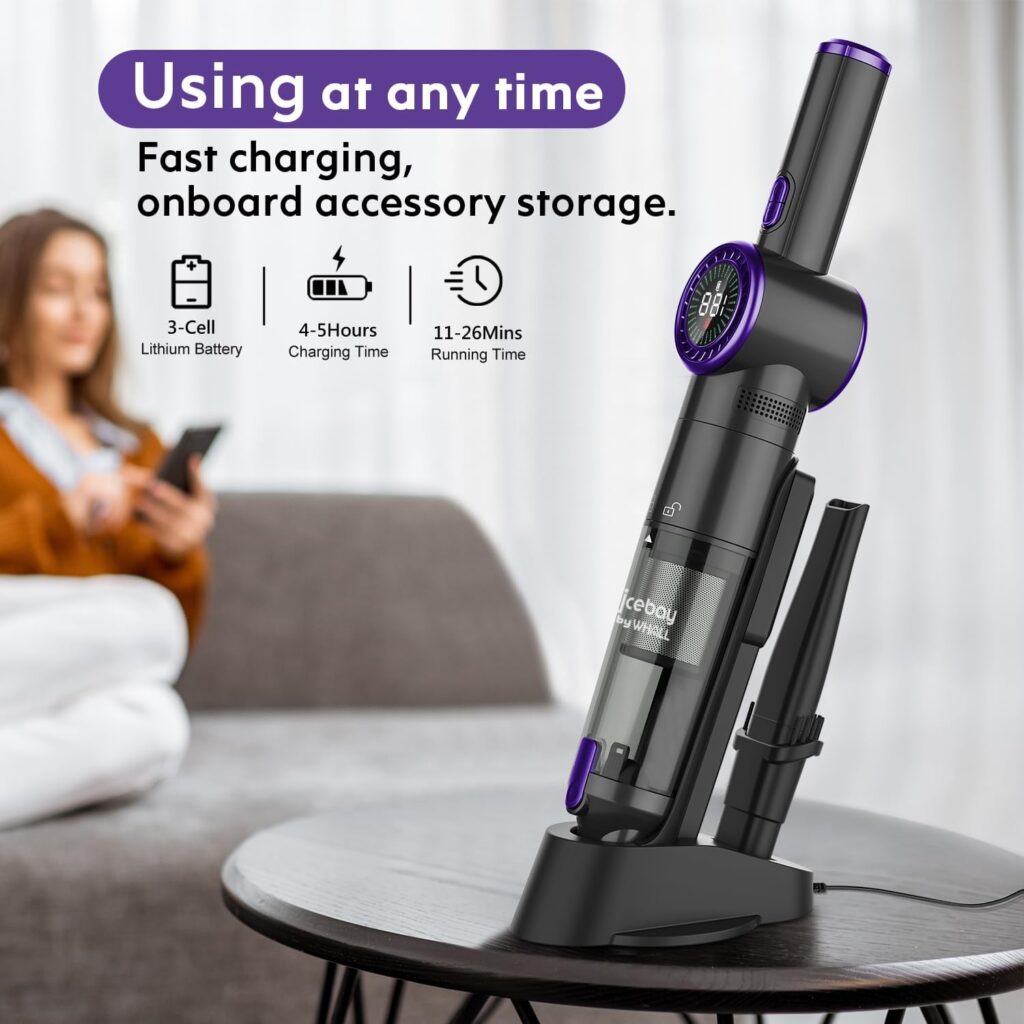 Nicebay Cordless Handheld Vacuum Cleaner, 15KPA Strong Suction Portable Hand Vacuum Cleaner, LED Display Car Vacuum Cleaner, Fast Charging Dock, Rechargeable Handheld Vacuum Black  Purple