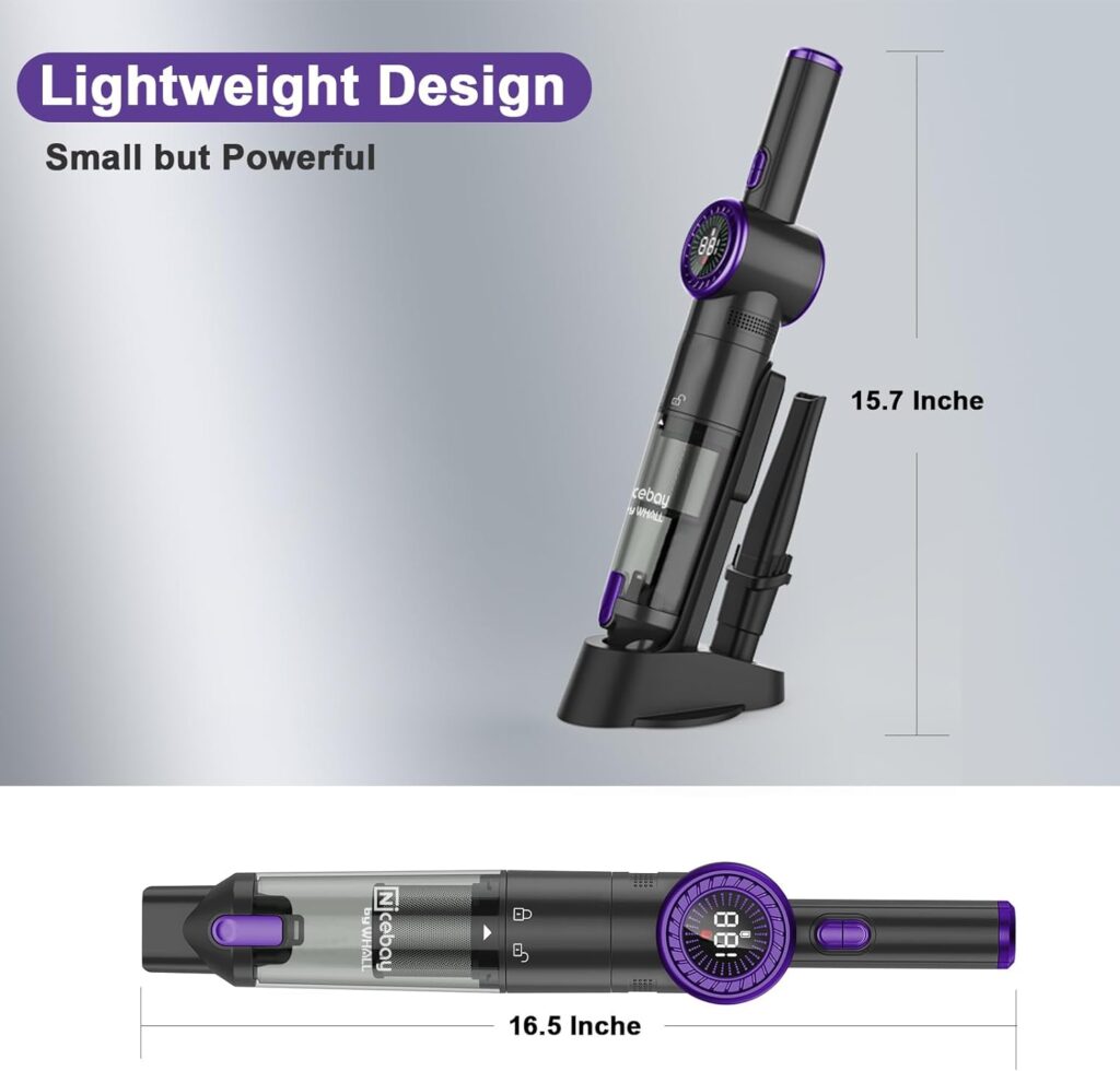 Nicebay Cordless Handheld Vacuum Cleaner, 15KPA Strong Suction Portable Hand Vacuum Cleaner, LED Display Car Vacuum Cleaner, Fast Charging Dock, Rechargeable Handheld Vacuum Black  Purple