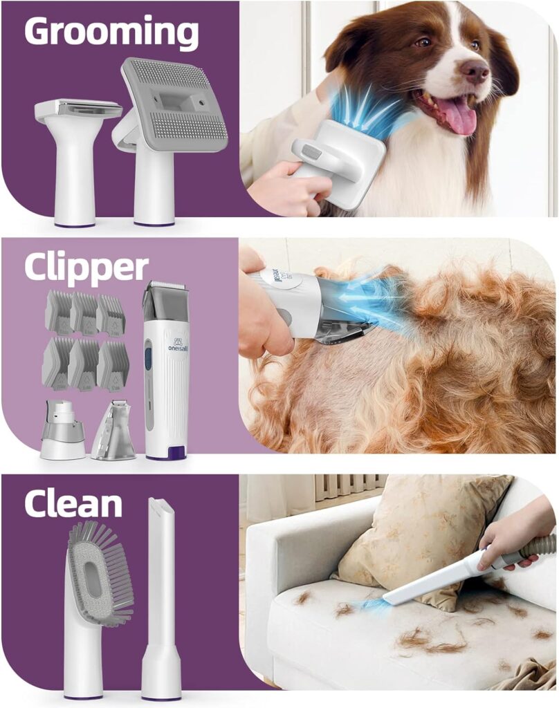 oneisall Dog Hair Vacuum  Dog Grooming Kit, Pet Grooming Vacuum with Pet Clipper Nail Grinder, 1.5L Dust Cup Dog Brush Vacuum with 7 Pet Grooming Tools for Shedding Pet Hair, Home Cleaning