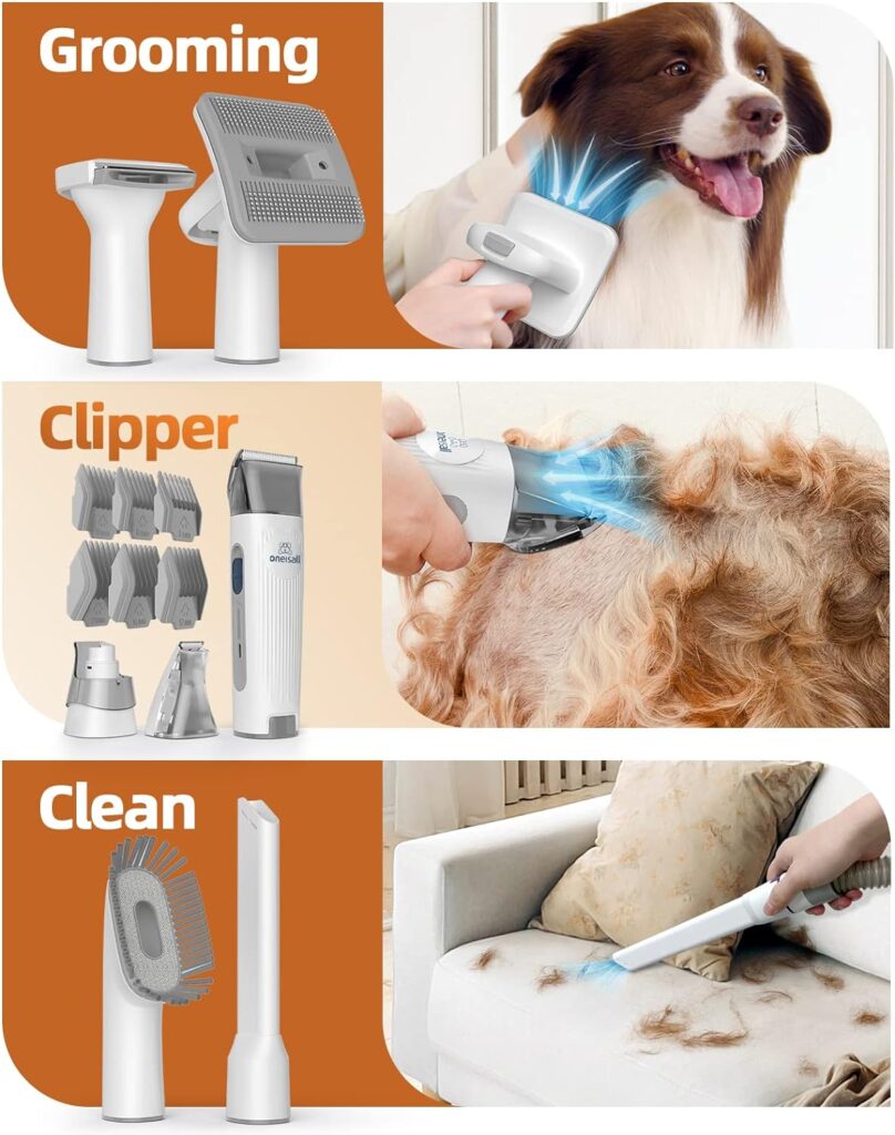 oneisall Dog Hair Vacuum  Dog Grooming Kit, Pet Grooming Vacuum with Pet Clipper Nail Grinder, 1.5L Dust Cup Dog Brush Vacuum with 7 Pet Grooming Tools for Shedding Pet Hair, Home Cleaning