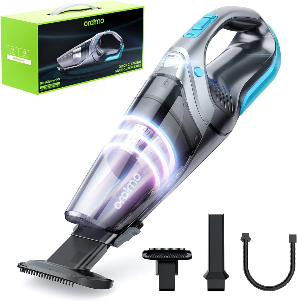 Oraimo Handheld Vacuum Rechargeable, Portable Hand Held Vacuums Cordless with Detachable Battery, Bright LED, 2 Washable Hepa Filters, Easier to Hold and Maneuver for Home Office Baseboards