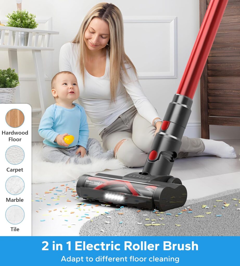 ORFELD Cordless Vacuum Cleaner, Stick Vacuum with 26Kpa Powerful Suction, 45Mins Runtime Rechargeable Vacuum, Anti-Tangle  1.5L Dust Cup, 6 in 1 Lightweight Vacuum for Hardwood Floor Carpet Pet Hair