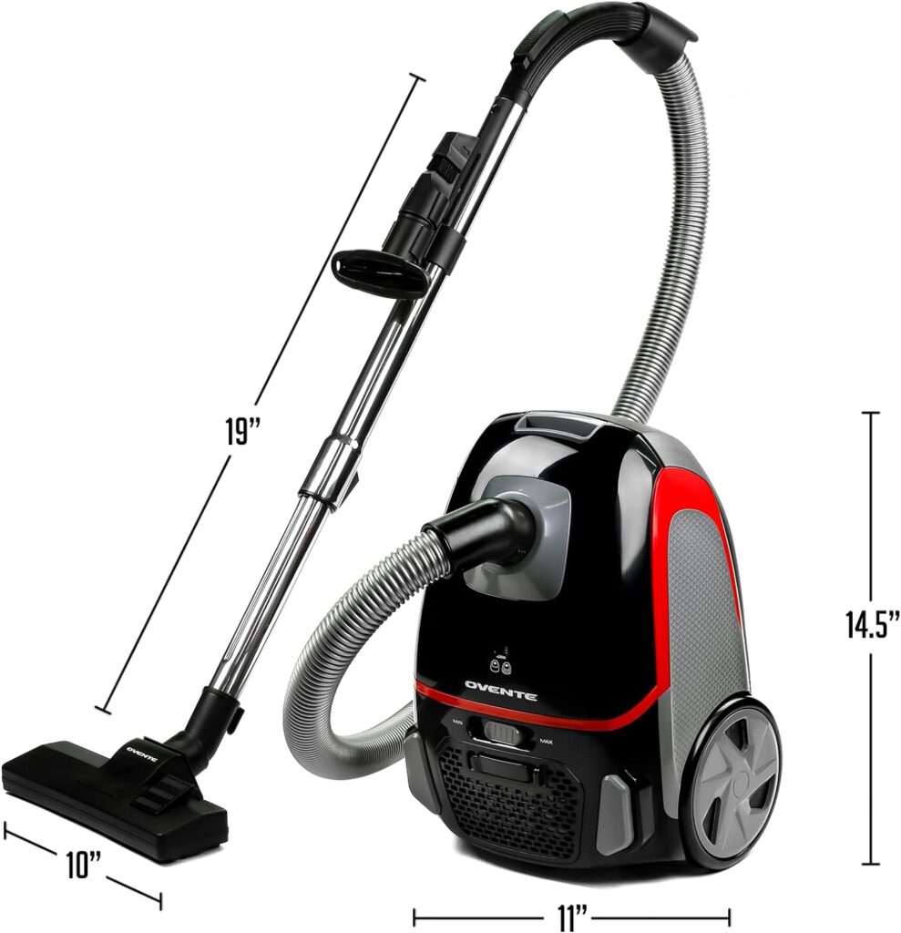 OVENTE Electric Bagged Lightweight Canister Vacuum Cleaner with 3 Speed Control, Powerful Portable Suction Machine with 3 Cleaning Attachments for Hard Floor and Carpet, Black ST1600B