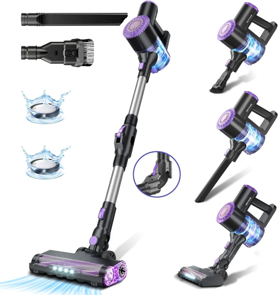 PRETTYCARE Cordless Vacuum Cleaner, 6 in 1 Lightweight Stick Vacuum Self-Standing with Powerful Suction, 180° Bendable Wand Rechargeable Cordless Vacuum for Hardwood Floor Pet Hair (Purple)