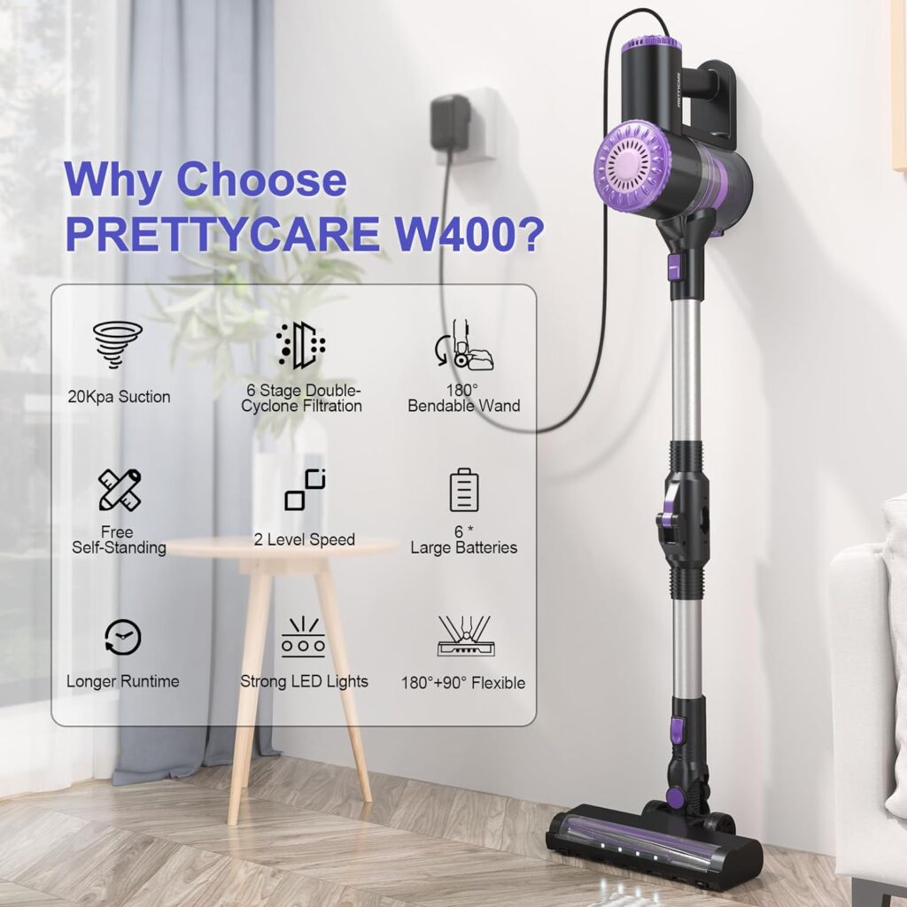 PRETTYCARE Cordless Vacuum Cleaner, 6 in 1 Lightweight Stick Vacuum Self-Standing with Powerful Suction, 180° Bendable Wand Rechargeable Cordless Vacuum for Hardwood Floor Pet Hair (Purple)