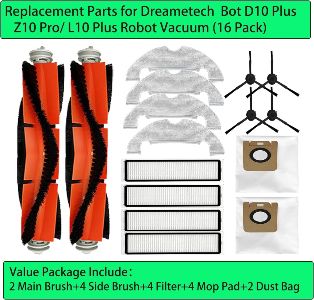 Replacement Spare Parts for Dreametech Bot D10 Plus/ Z10 Pro/ L10 Plus Robot Vacuum 2 Main Brush 4 Side Brush 4 Filter 4 Mop Pad 2 Dust Bag Accessories (16 Pack)