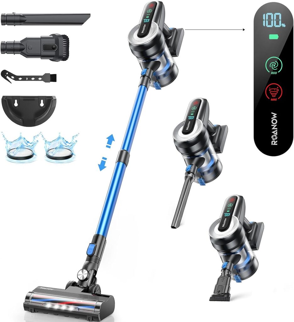 Roanow Cordless Vacuum Cleaner, 450W/35KPA Cordless Vacuum with LED Display, 55Mins Runtime Lightweight  Ultra-Quiet Cordless Stick Vacuum for Carpet and Floor, Home, Pet Hair Cleaning