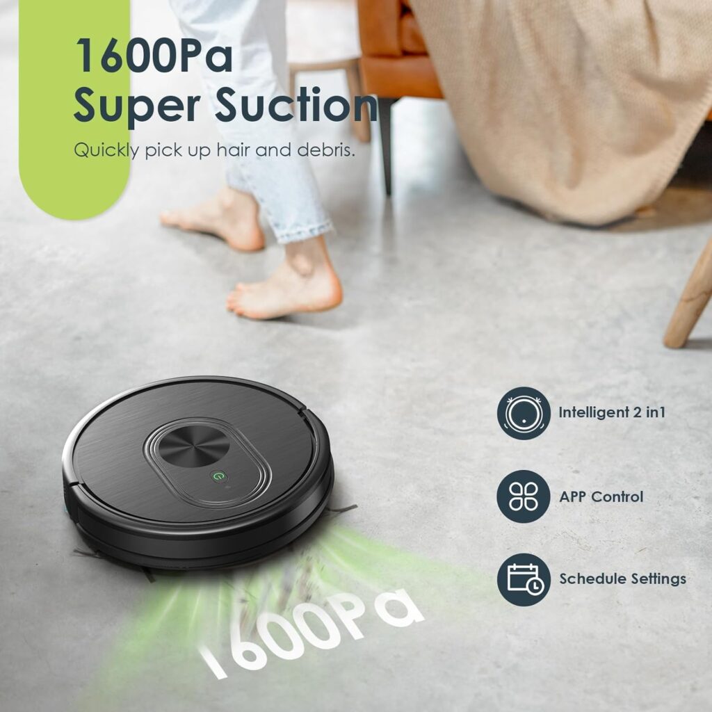 Robot Vacuum and Mop Combo, 3 in 1 Mopping Robotic Vacuum with Schedule, App/Bluetooth/Alexa, 1600Pa Max Suction, Self-Charging Robot Vacuum Cleaner, Slim, Ideal for Hard Floor, Pet Hair, Carpet